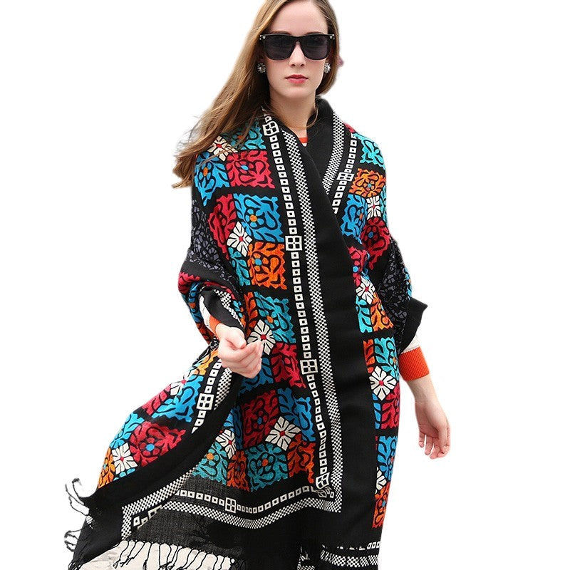 Black Mosaic Merino Wool Poncho Scarf with Pashmina Shawl Bandana, Fashionable Look - Free Shipping