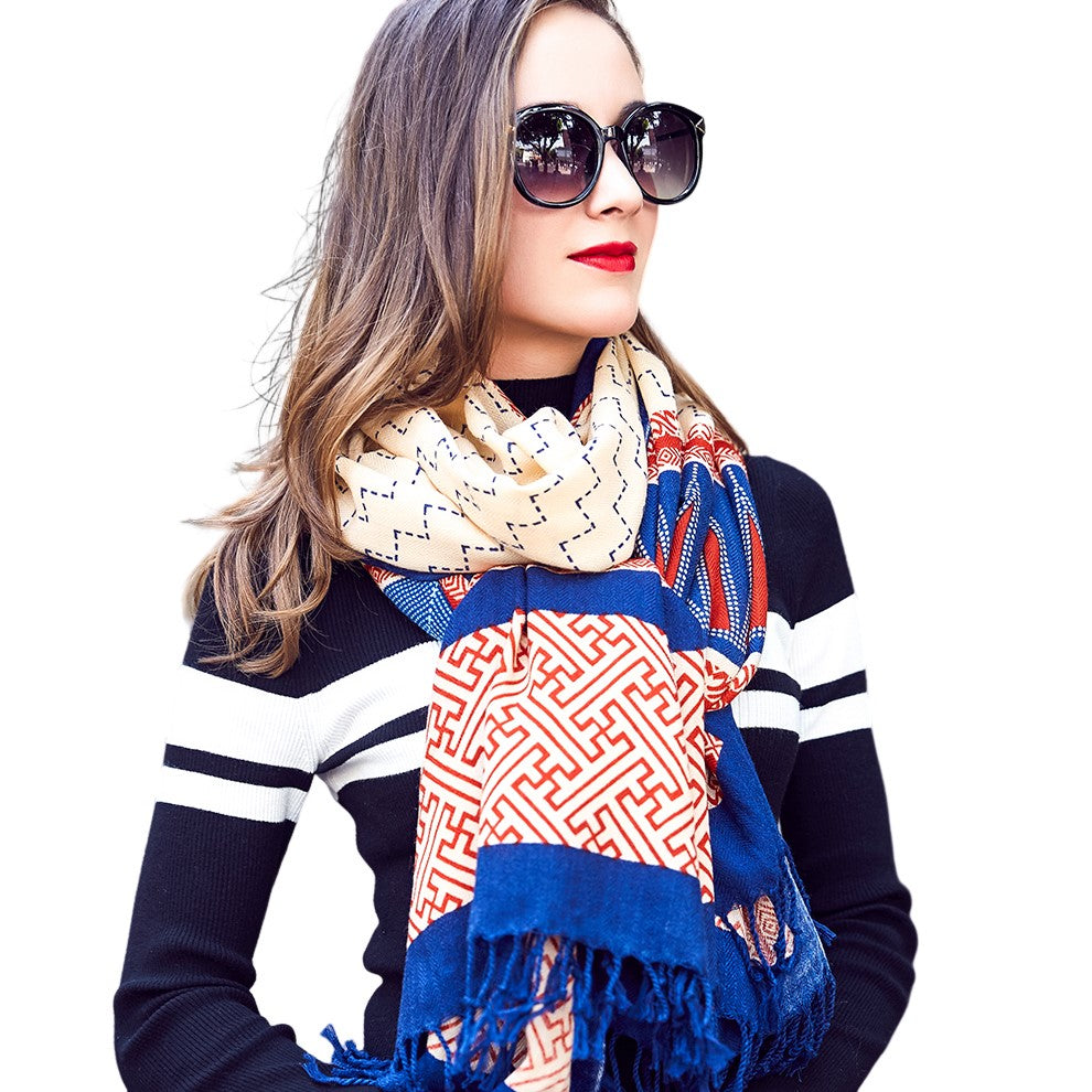 Blue Striped Pattern Merino Wool Poncho Scarf with Pashmina Shawl Bandana, Fashionable Winter Outfit - Free Shipping