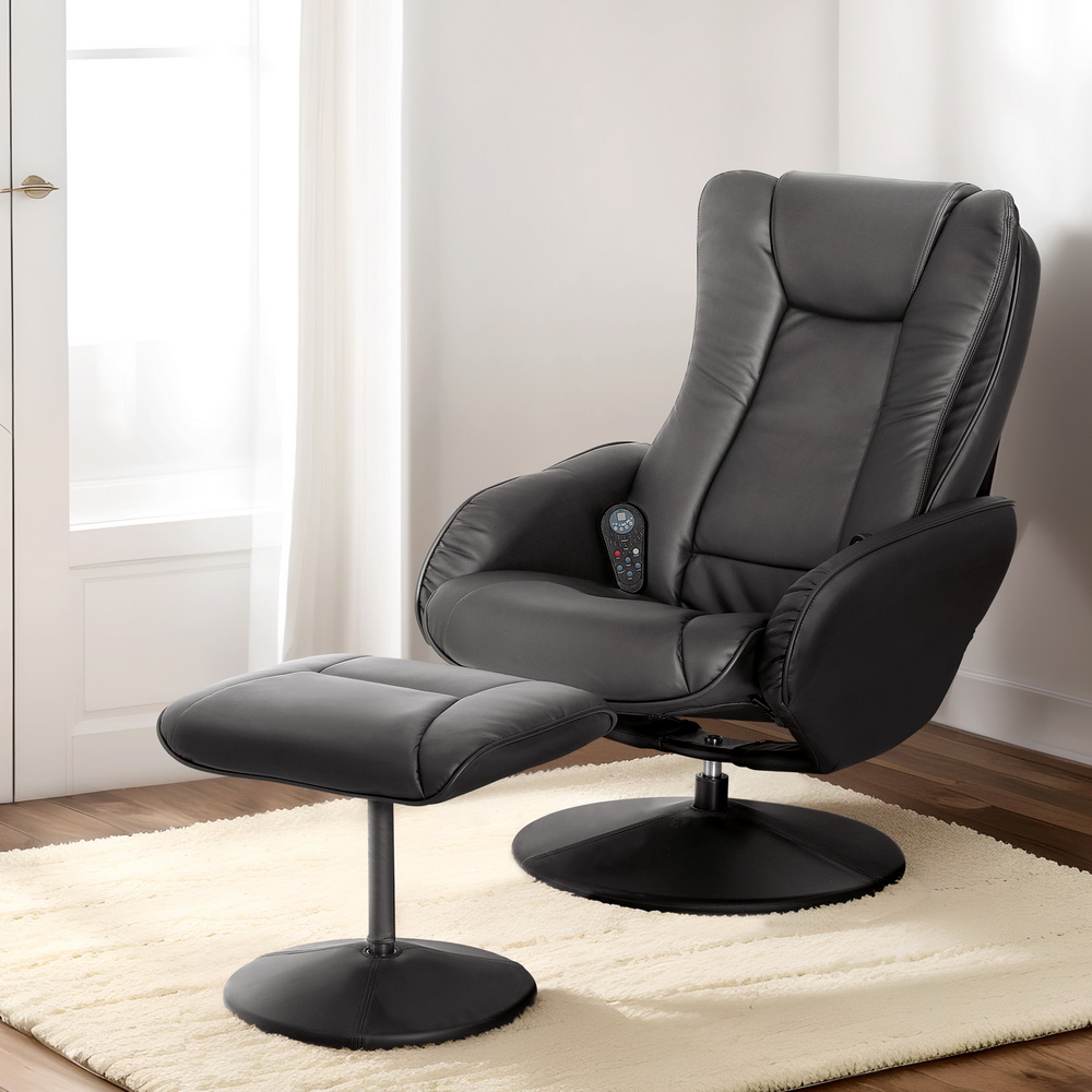 Artiss Leather Recliner Chair with Ottoman and Heated Massage - Black