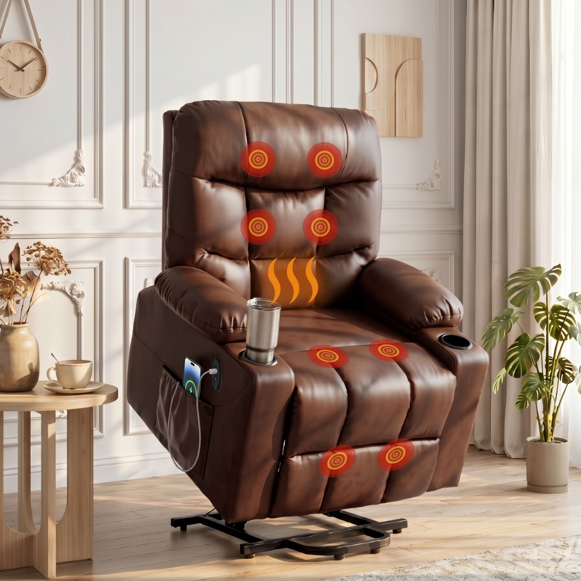 Artiss Claude Leather Recliner Chair with Lift Assist and Heated Massage