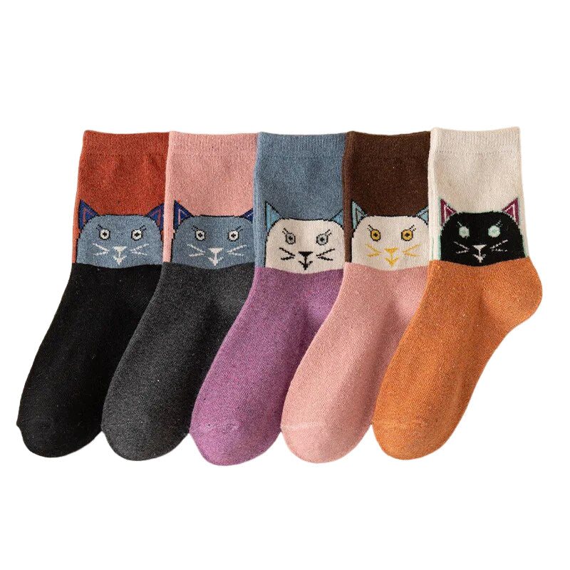 5 Pairs, Size 35-40 Mixed Colour Cat Face Cartoon Fashion Socks, Nice Fashion - Free Shipping