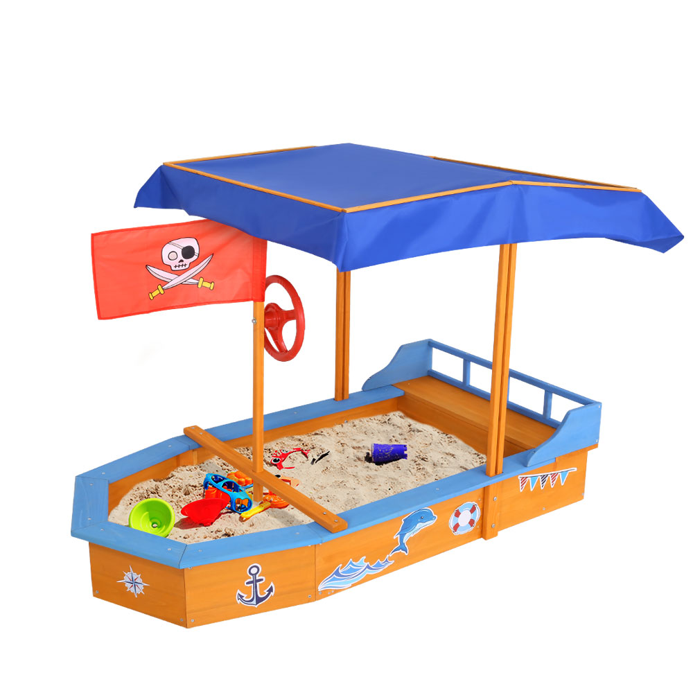 Keezi Wooden Boat Sandpit with Canopy Bench 150cm