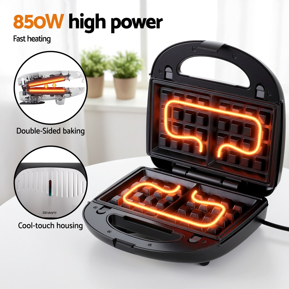 Devanti 3-in-1 Sandwich Press Waffle Maker 850W - Image 5