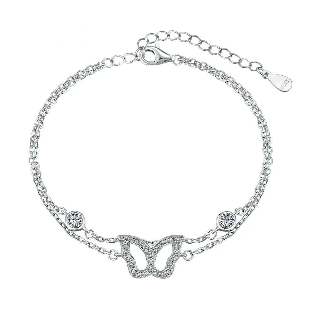 CZ Cubic Zirconia Butterfly Chain Link Silver Bracelet - Free Shipping