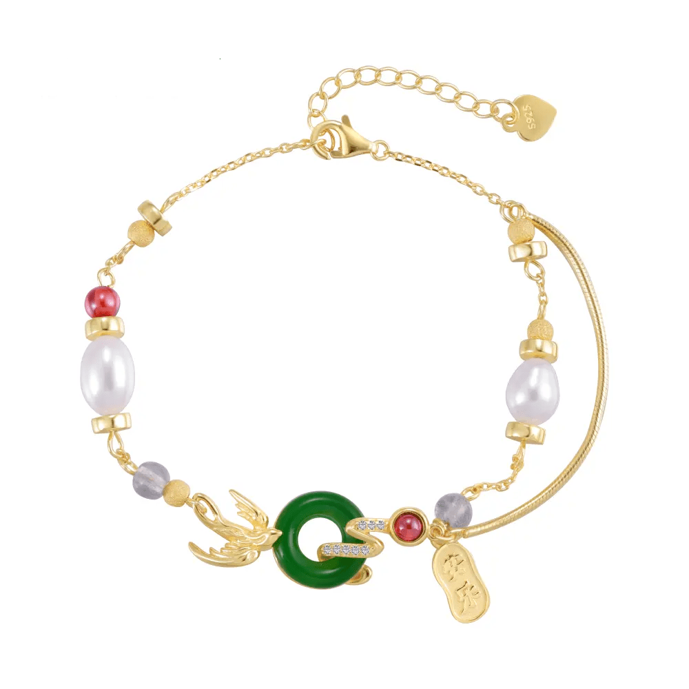 Green Stone 925 Silver 22K Gold Plated Pearl Bracelet - Free Shipping