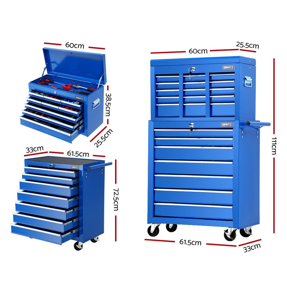 Giantz 16 Drawer Tool Chest and Trolley Cabinet - Blue - Image 2