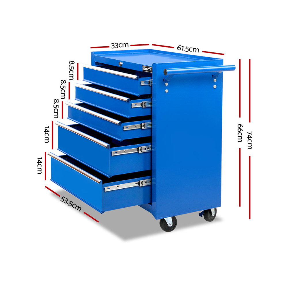 Giantz 5-Drawer Tool Box Trolley Cabinet - Blue - Image 2