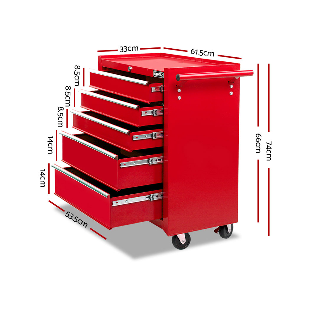 Giantz 5-Drawer Tool Box Trolley Cabinet - Red - Image 2