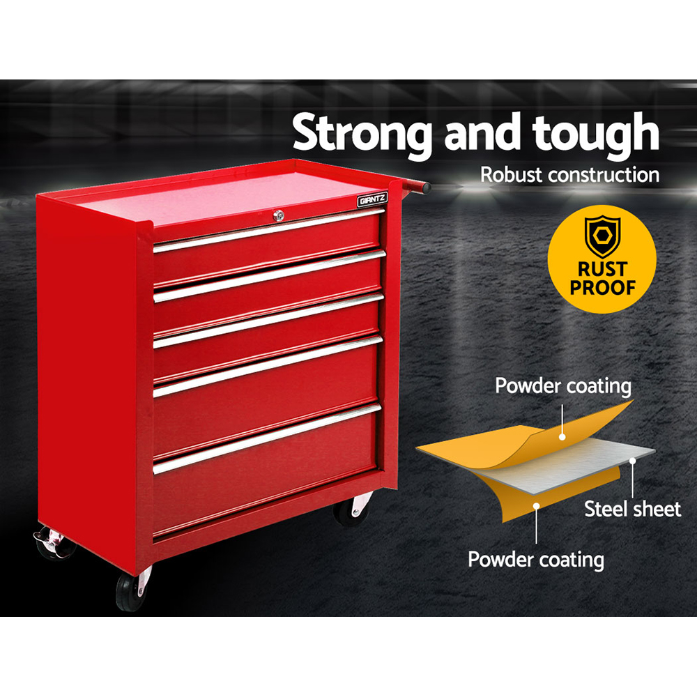 Giantz 5-Drawer Tool Box Trolley Cabinet - Red - Image 3