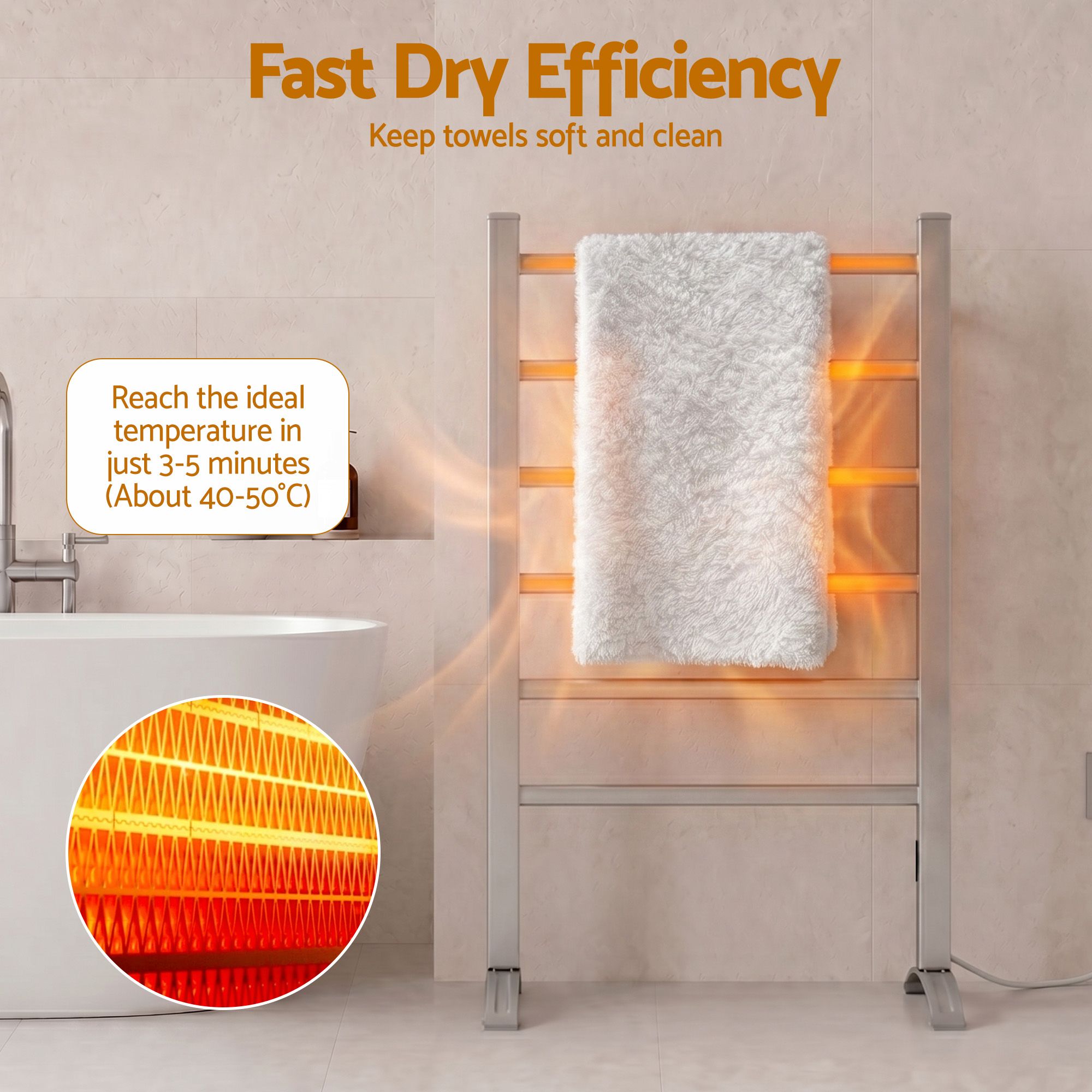 Devanti Electric Heated Towel Rail - 6 Bars with Timer - Image 2