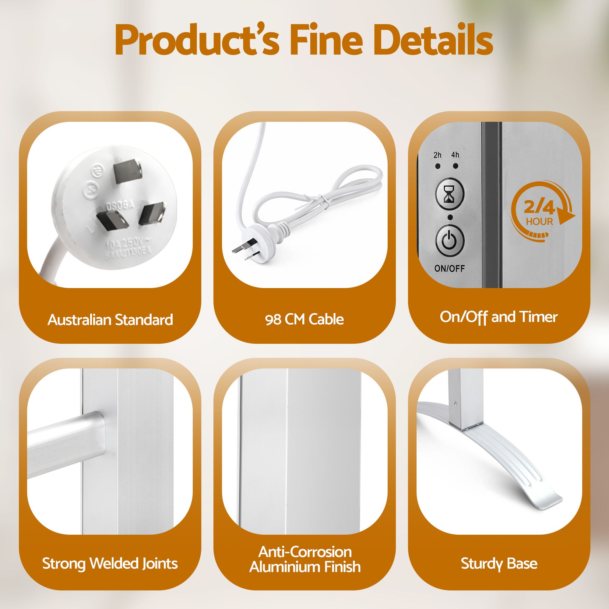 Devanti Electric Heated Towel Rail - 6 Bars with Timer - Image 4