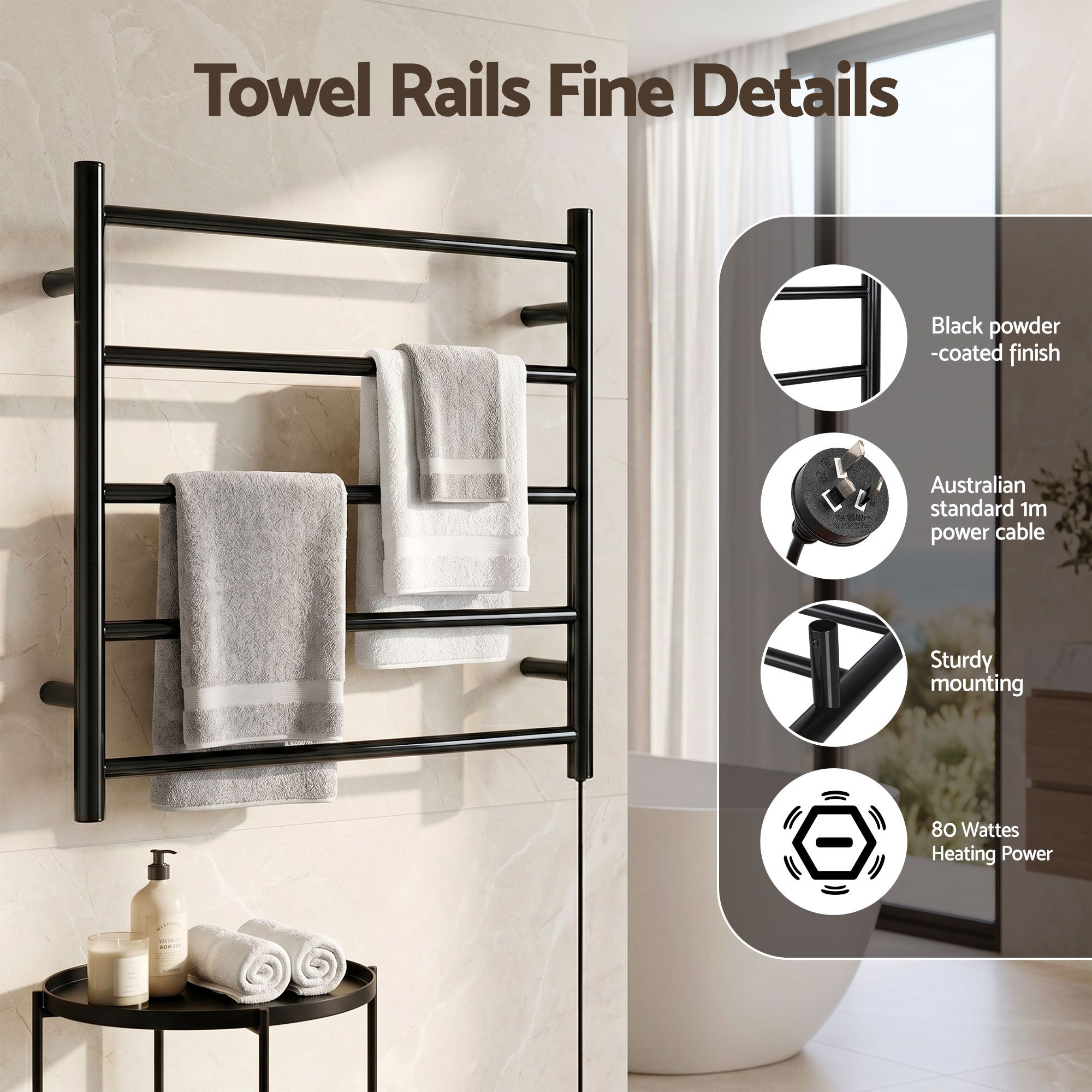 Devanti 5-Bar Wall Mounted Heated Towel Rail - Image 4