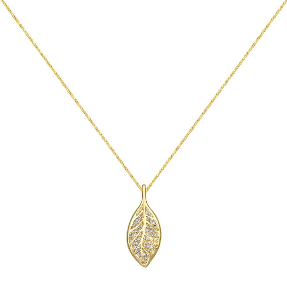 Gold Plated CZ Leaf Pendant Necklace for Women, Authentic Jewellery - Free Shipping