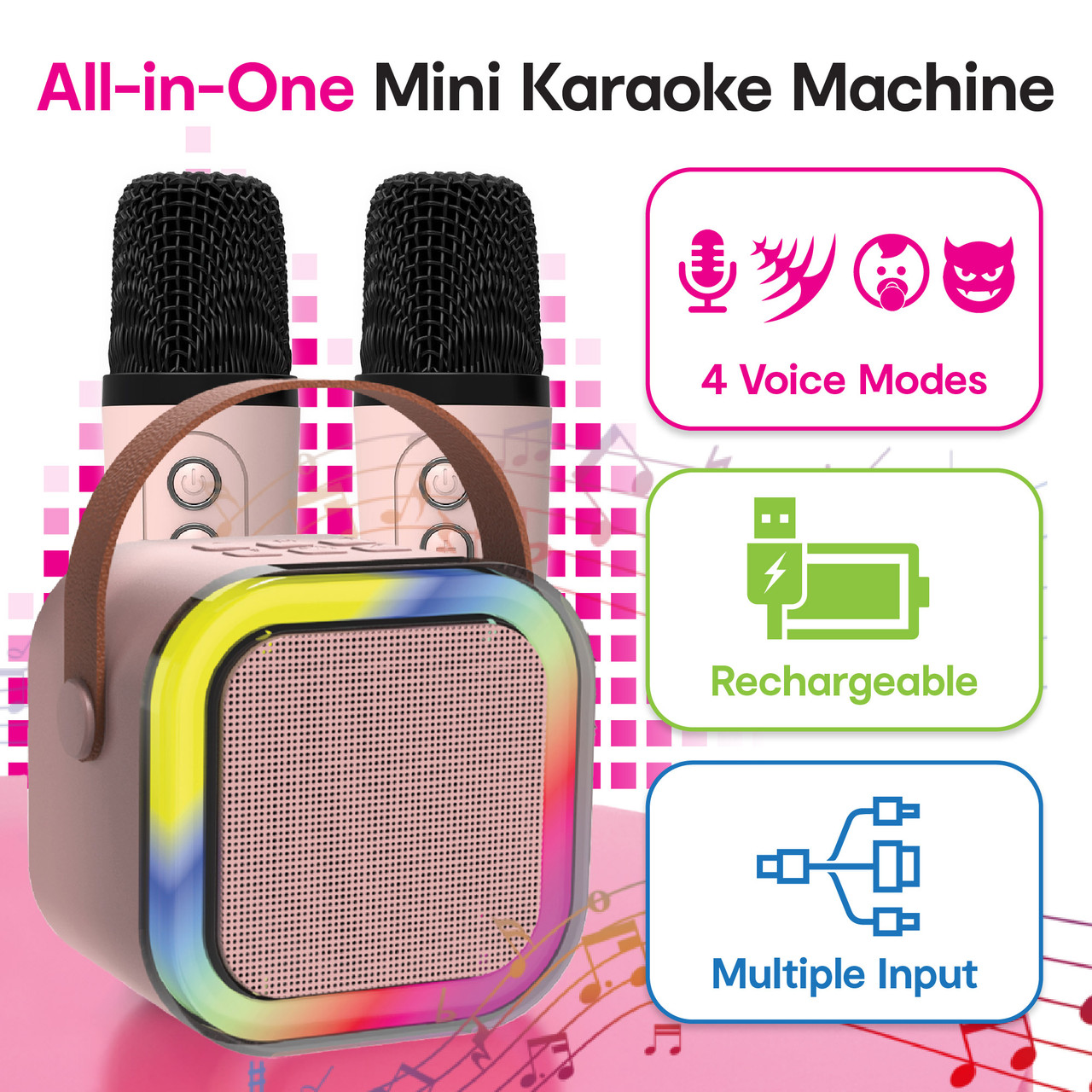 Laser Mini Karaoke Speaker with 2 Wireless Mics Pink - Image 2