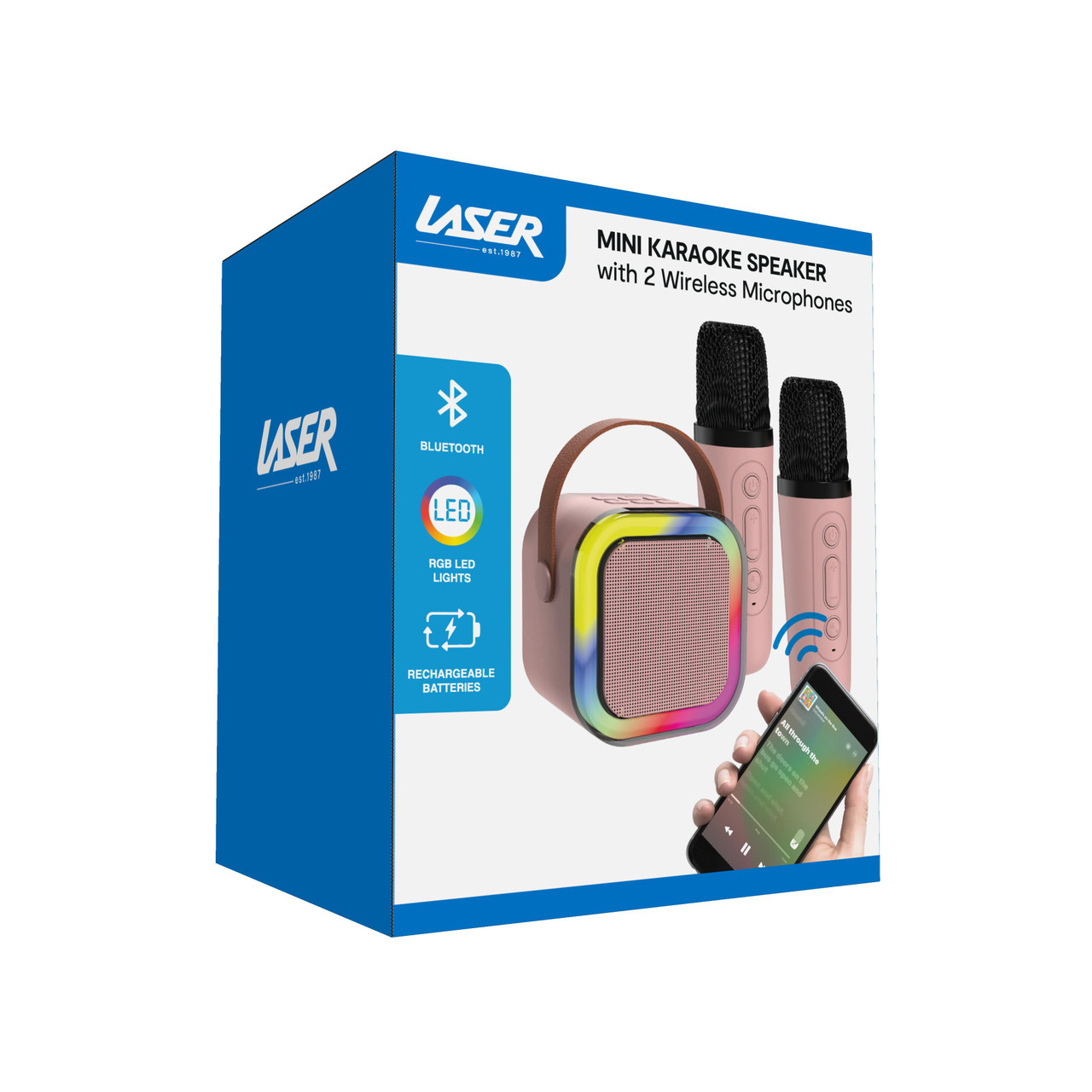 Laser Mini Karaoke Speaker with 2 Wireless Mics Pink - Image 12