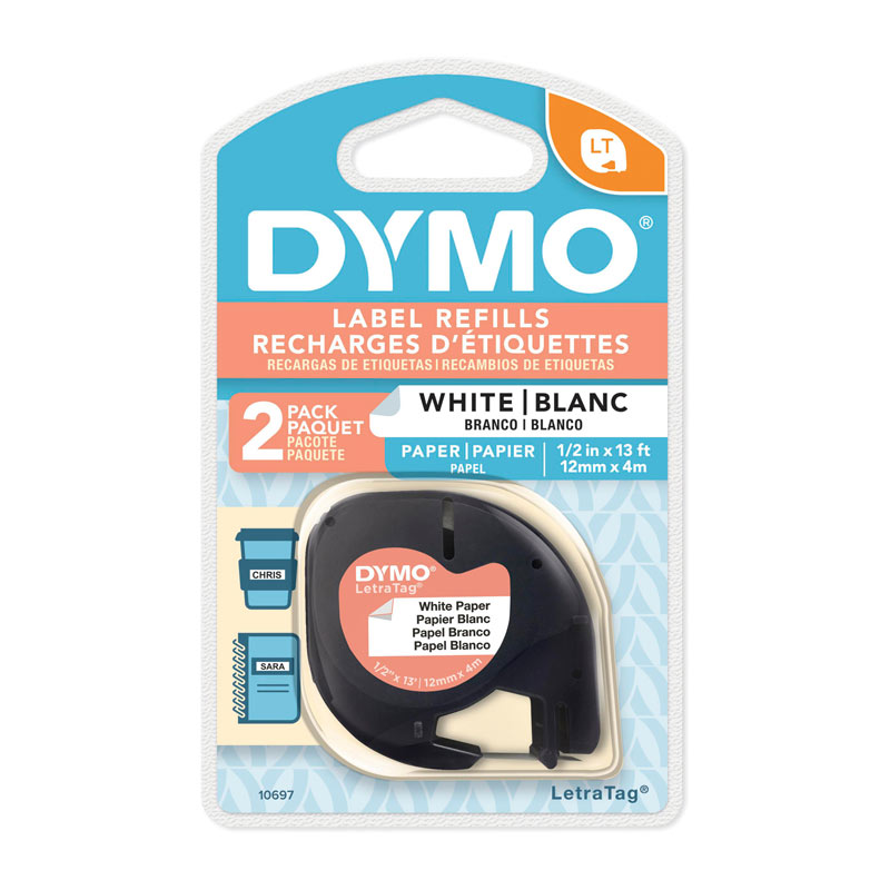 DYMO Light Paper Label Tape (12mm x 4m, White, 2 Pack)