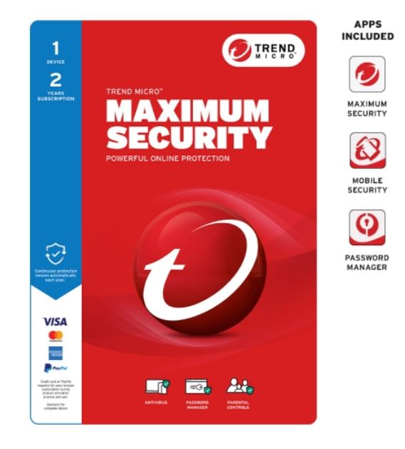 Trend Micro Maximum Security Antivirus Software - 1 Device, 2 Years