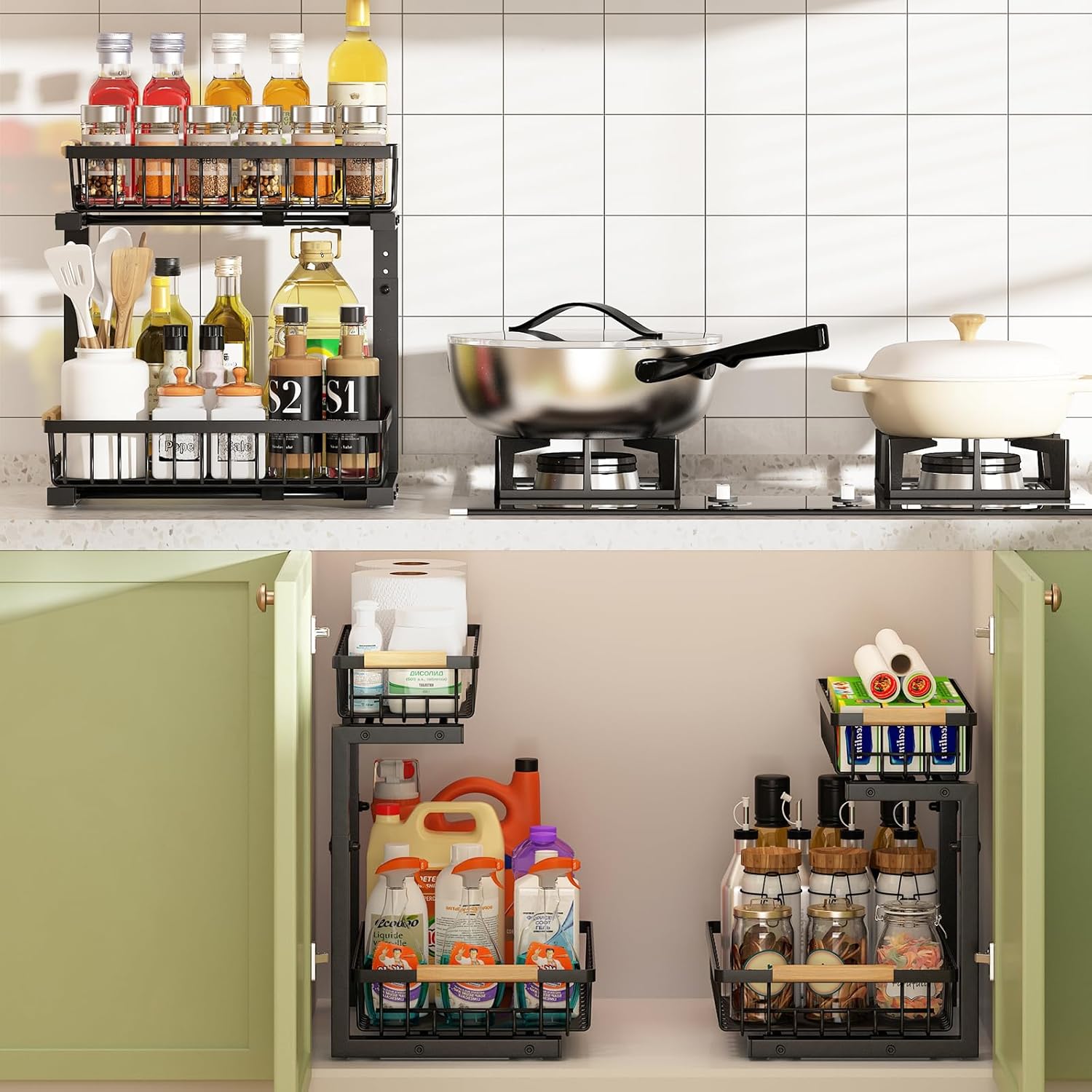 Set of 2: 2-Tier Height-Adjustable Under-Sink Kitchen Organizers (Option A) - Image 2
