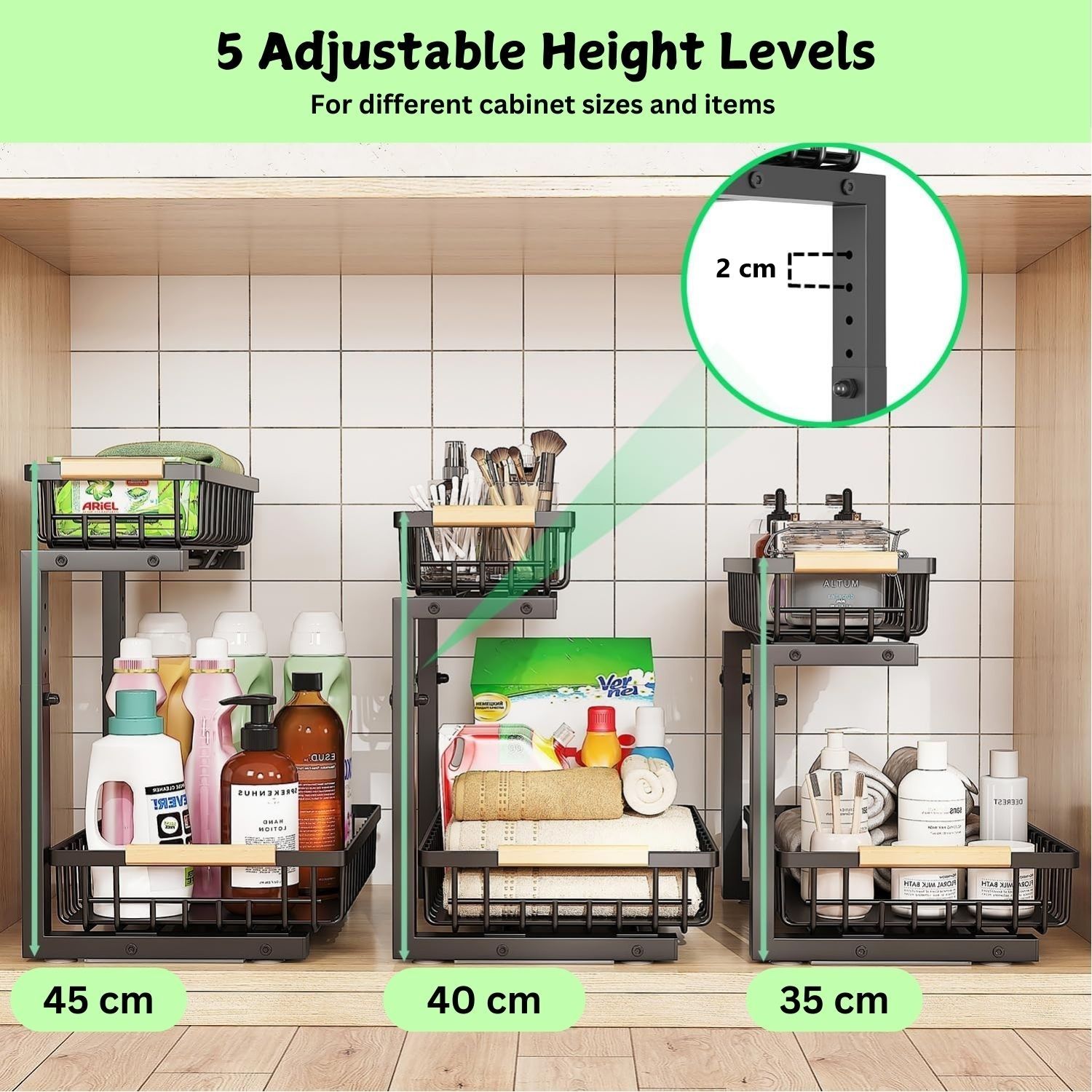 Set of 2: 2-Tier Height-Adjustable Under-Sink Kitchen Organizers (Option A) - Image 4