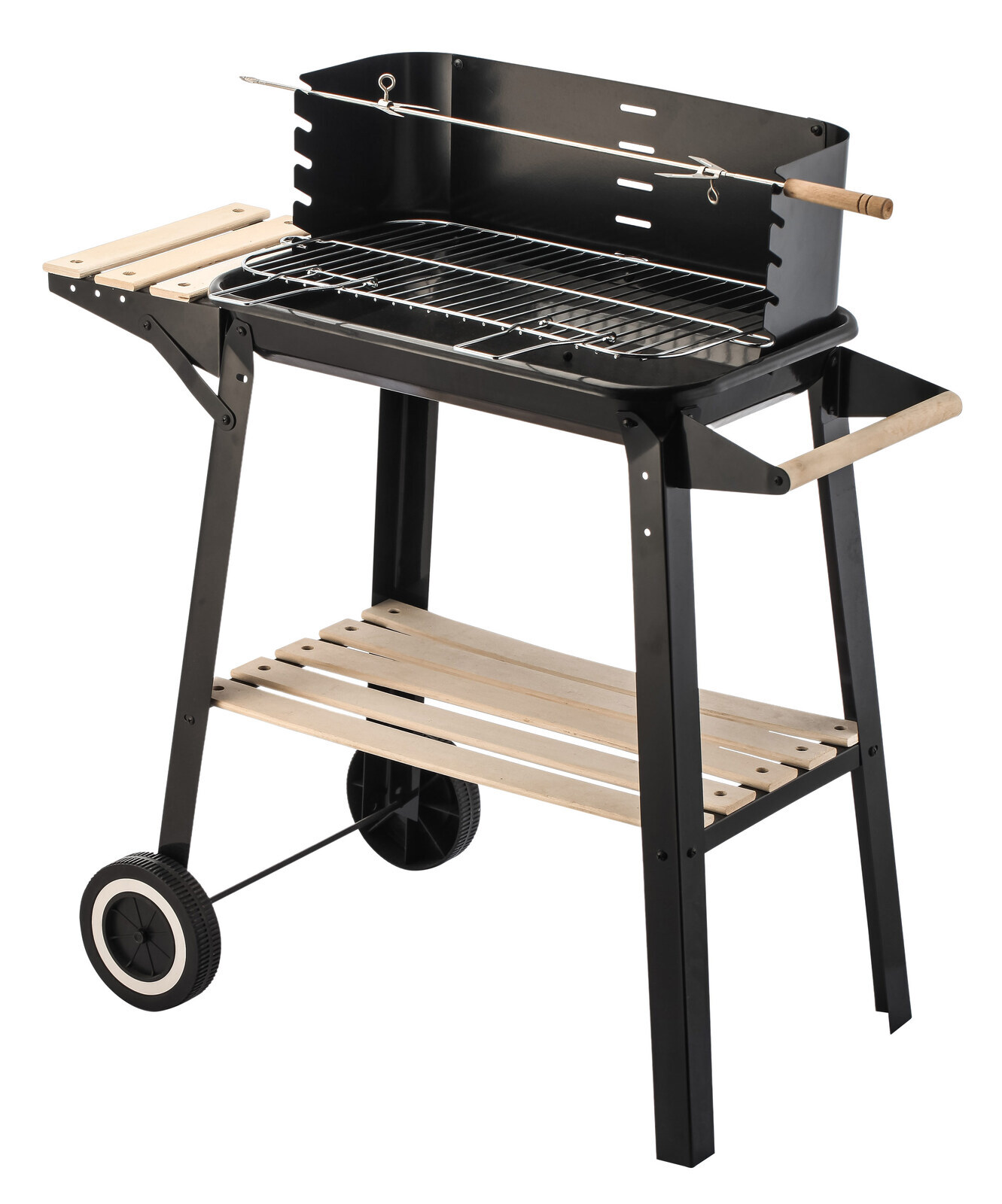 Charcoal BBQ Grill with Manual Rotisserie Spit on Trolley Stand