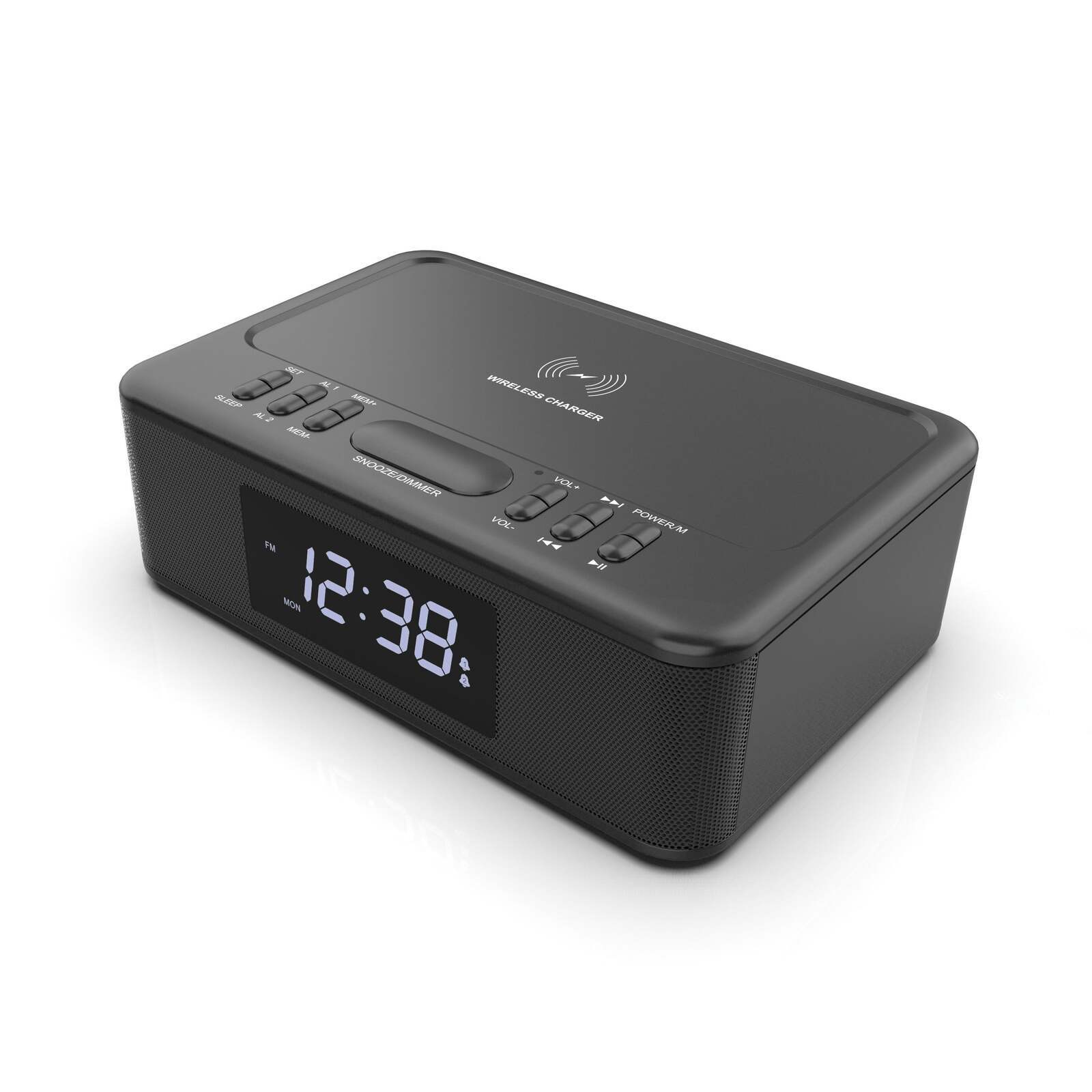 2in1 10W Wireless Fast Charging Alarm Clock (FM Radio, USB, AUX)