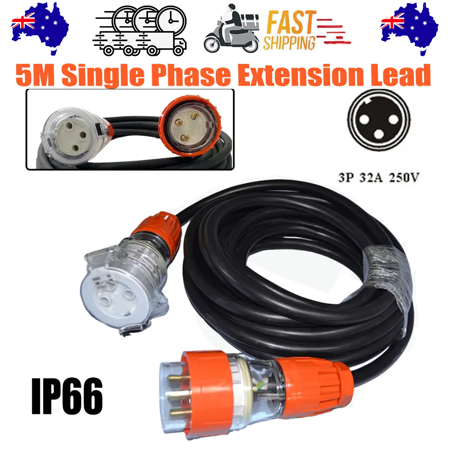 32 Amp 5m 3-Pin Single Phase Rubber Extension Lead 250V