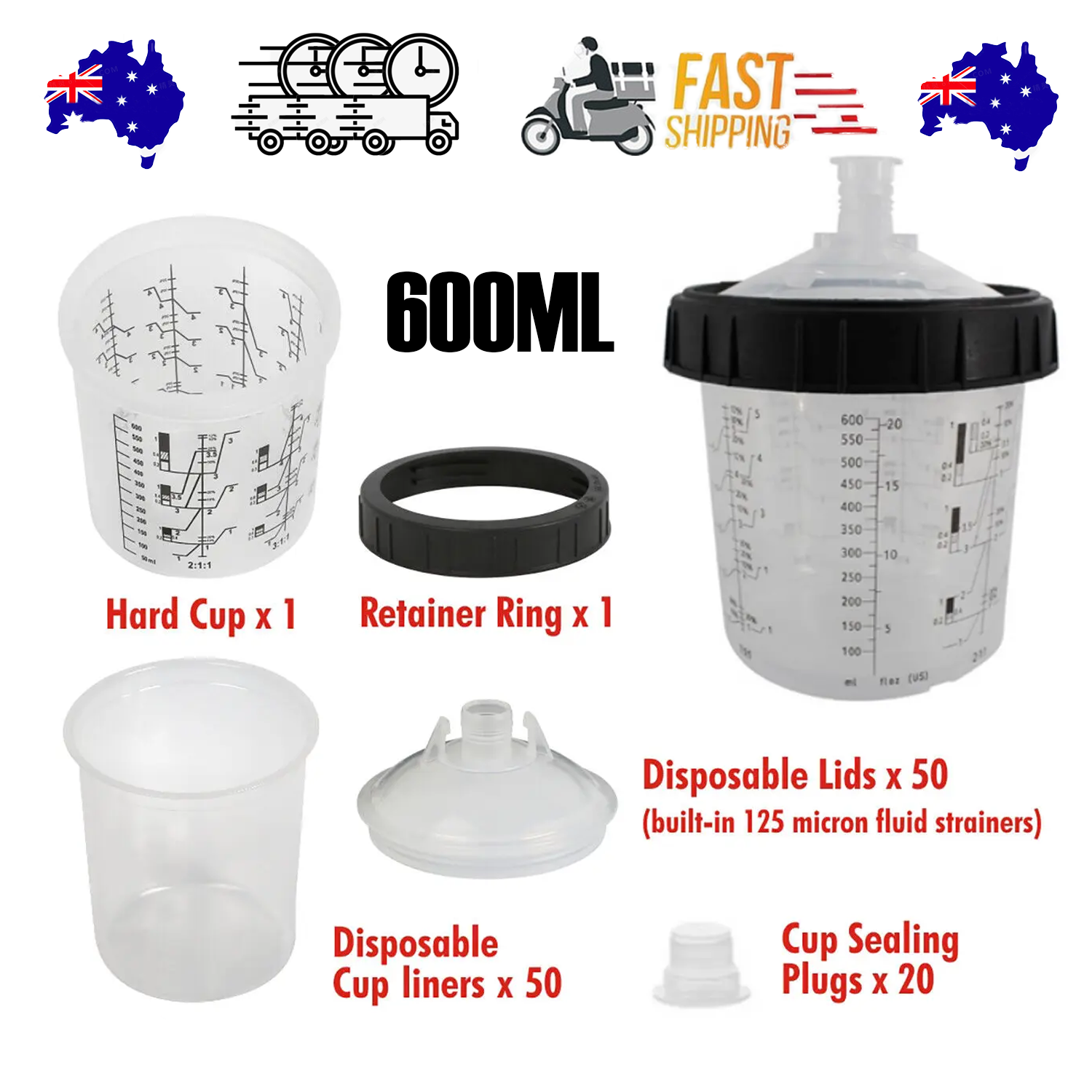 50-Set Paint Spray Gun Cup Lids & Liners Kit (600ml)