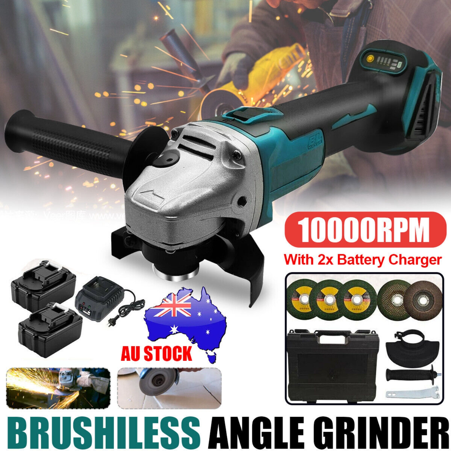 Brushless Cordless Angle Grinder 125mm with 2 Batteries
