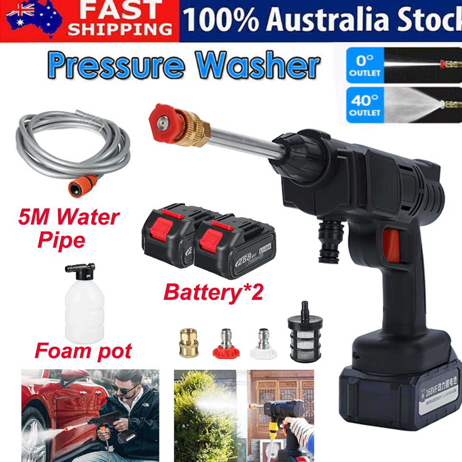 88V Cordless Electric High Pressure Washer Water Spray Gun with 2 Batteries