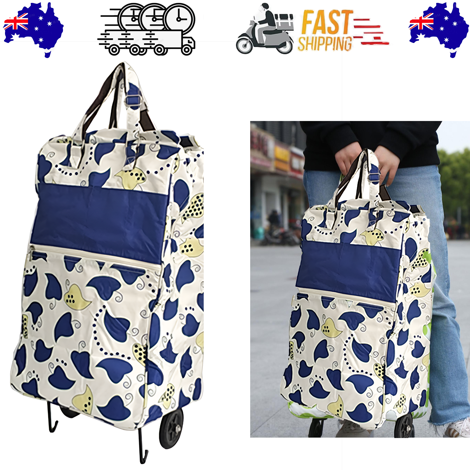 Blue Leaves Foldable Shopping Trolley Cart Market Bag