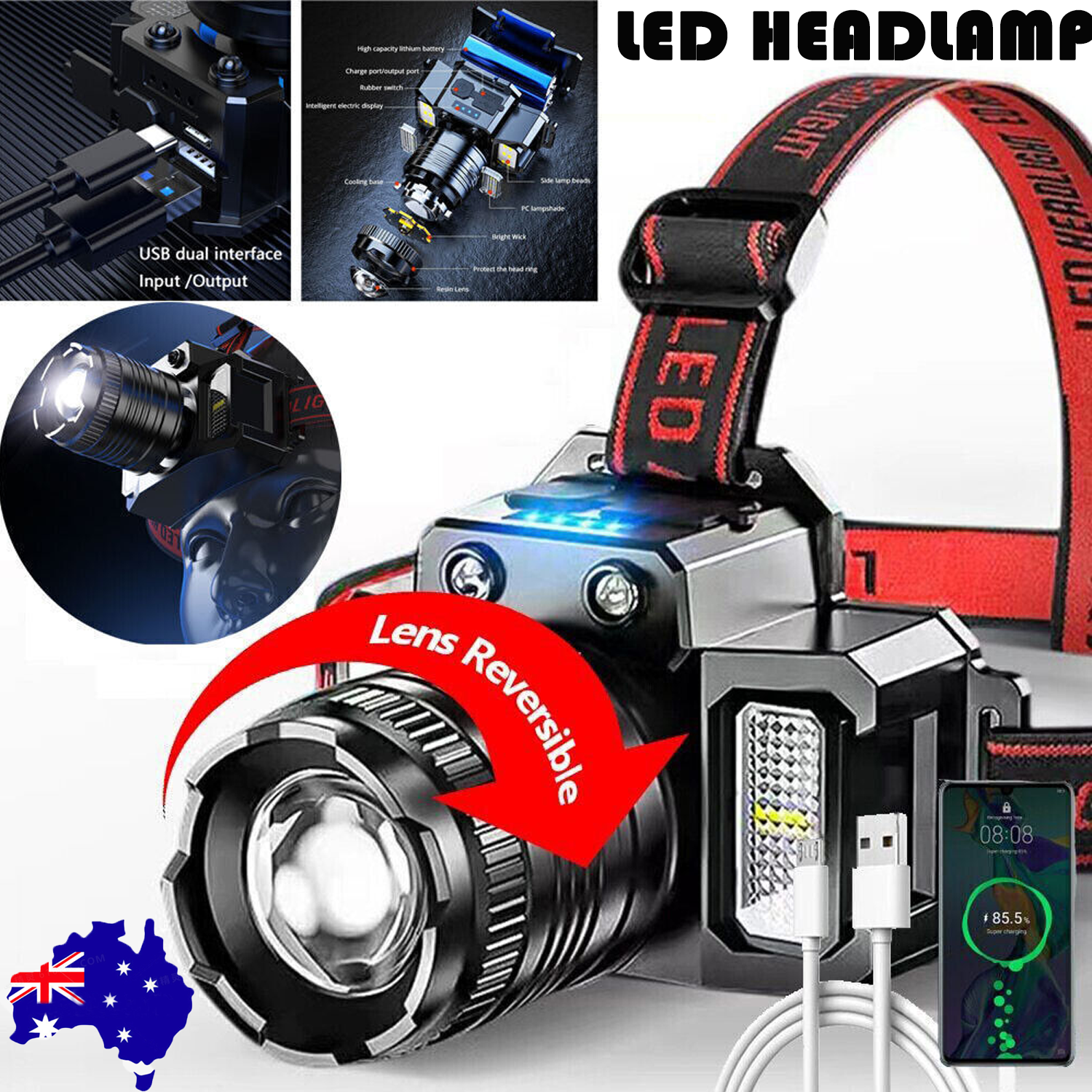 900000LM LED Headlamp Rechargeable Zoomable