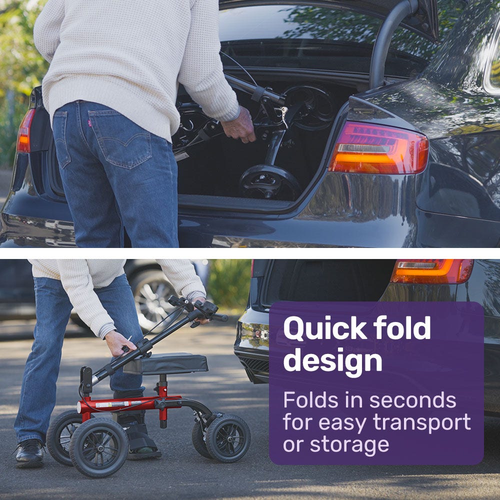 Equipmed Dual-Brake Knee Scooter Walker with Storage Bag - Red - Image 3