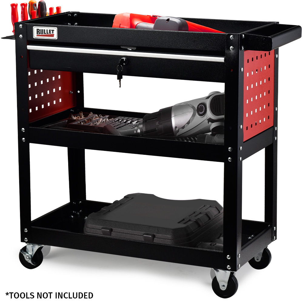 Bullet 3 Tier Steel Tool Trolley Cart With Drawer Black And Red