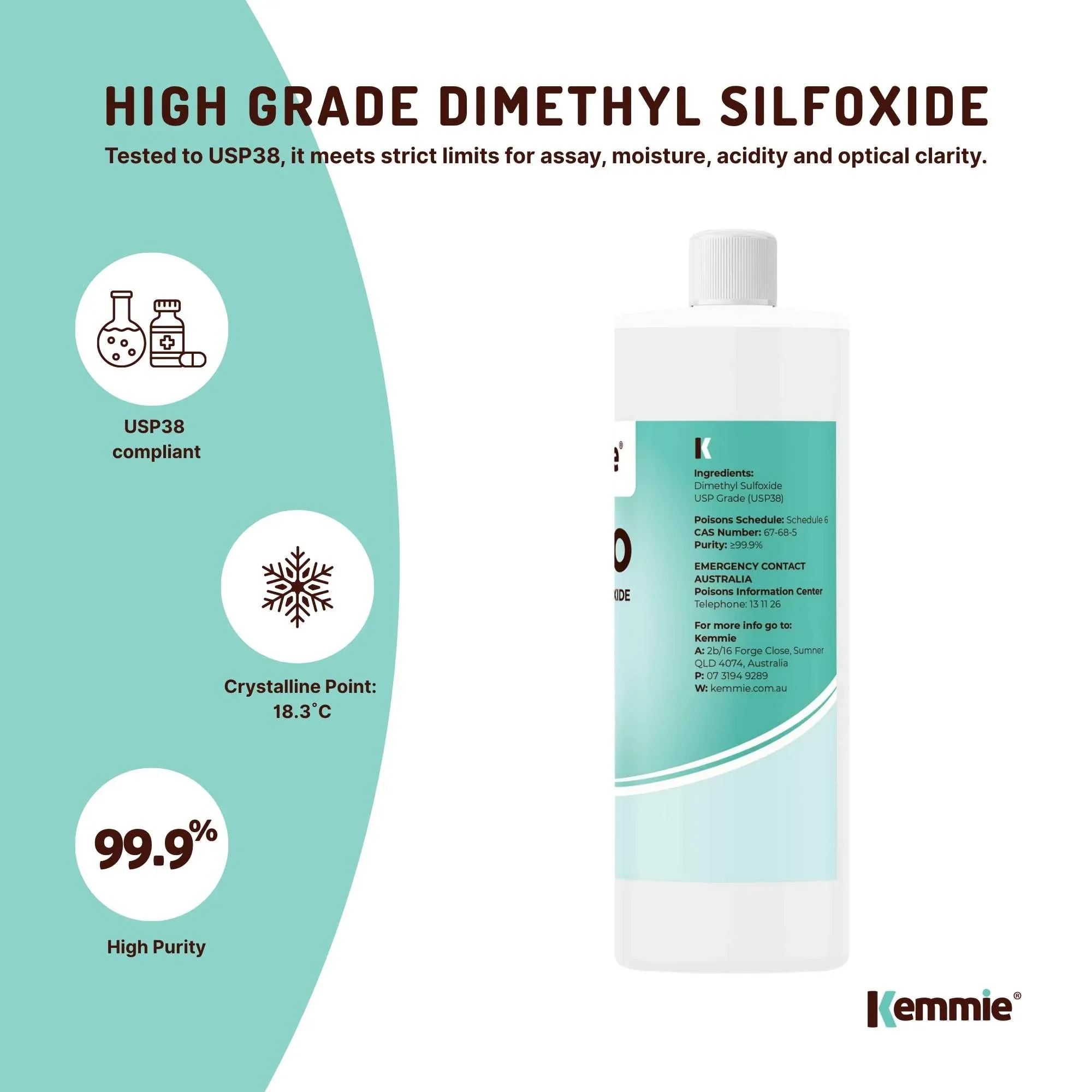 Kemmie 1L DMSO Liquid 99.9% Pure USP Grade Dimethyl Sulfoxide Solvent - Image 3