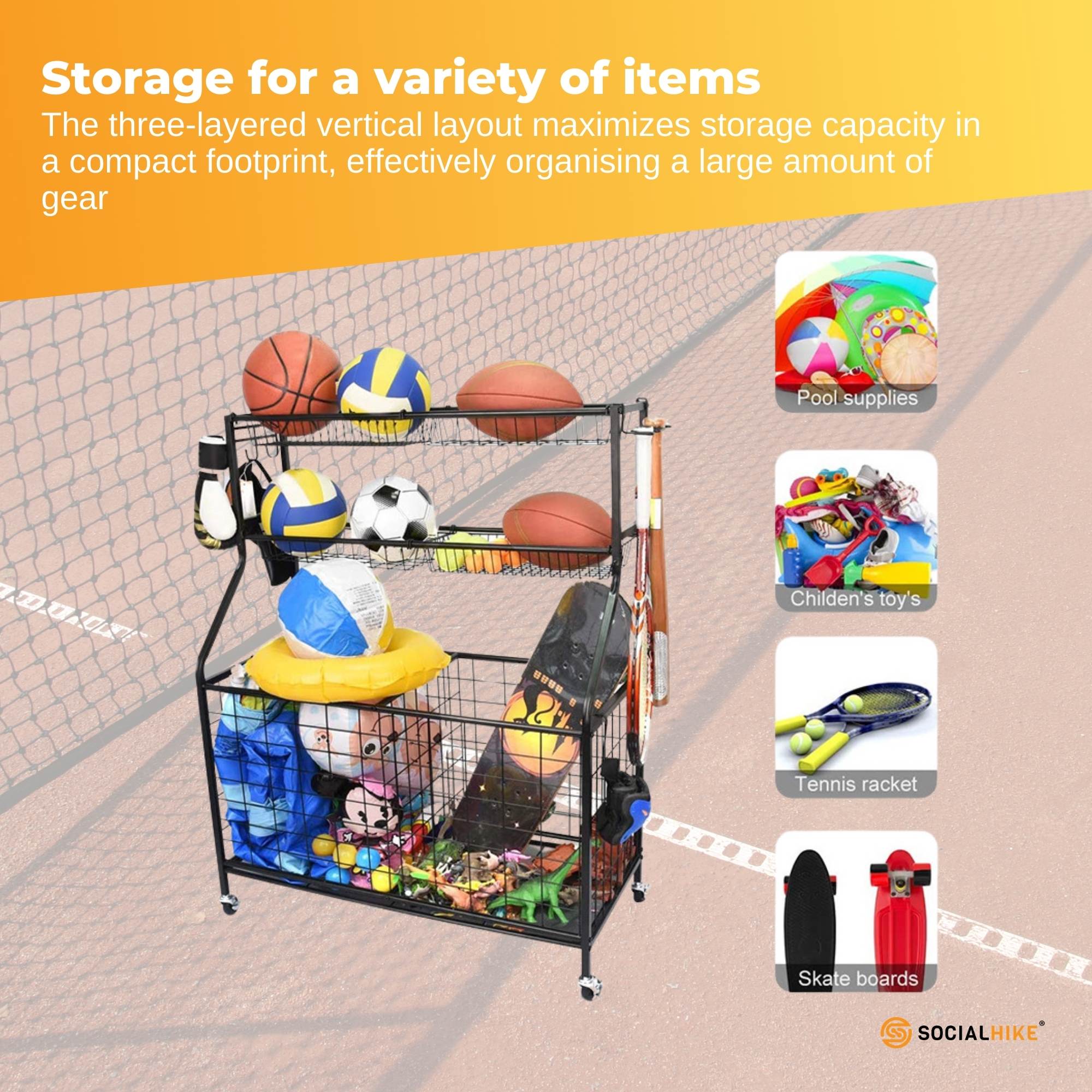 Social Hike Sports Equipment Storage Organiser Trolley on Wheels - Garage Basket - Image 6