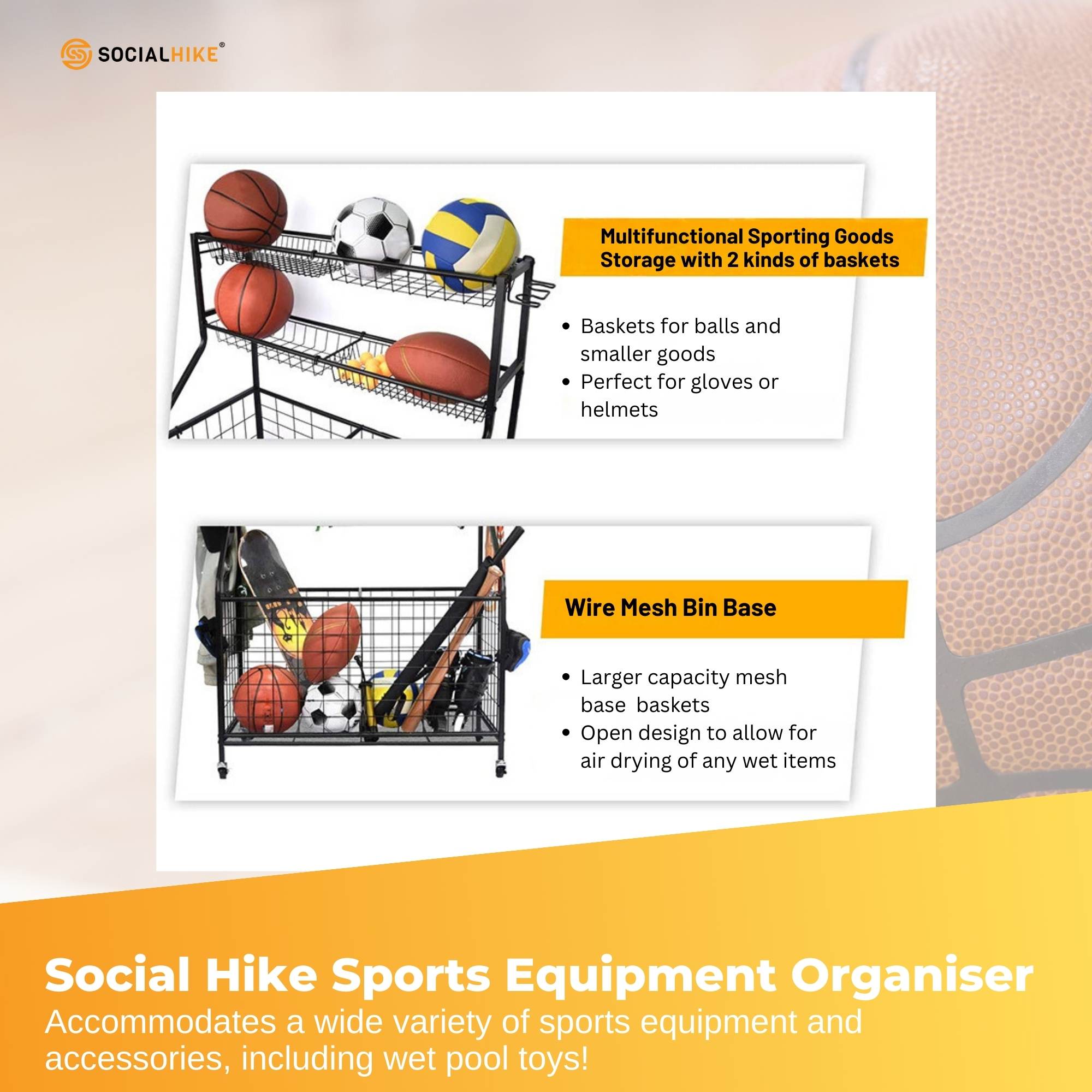 Social Hike Sports Equipment Storage Organiser Trolley on Wheels - Garage Basket - Image 7