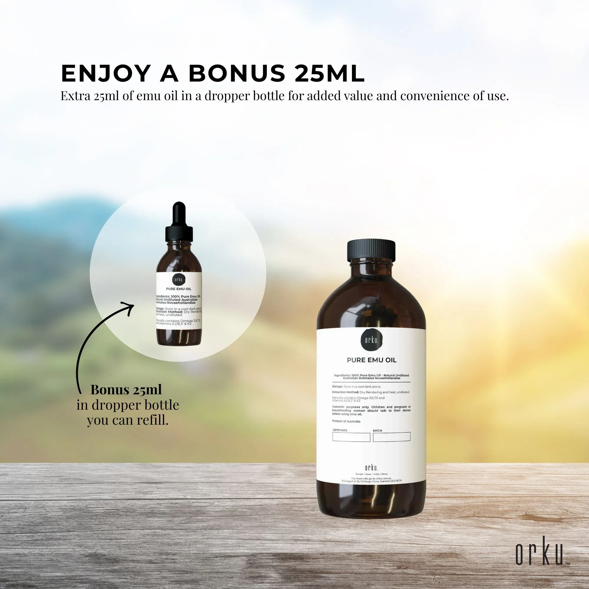Orku 500ml Pure Emu Oil + Bonus 25ml Bottle - Australian Dromaius Novaehollandiae - Image 6