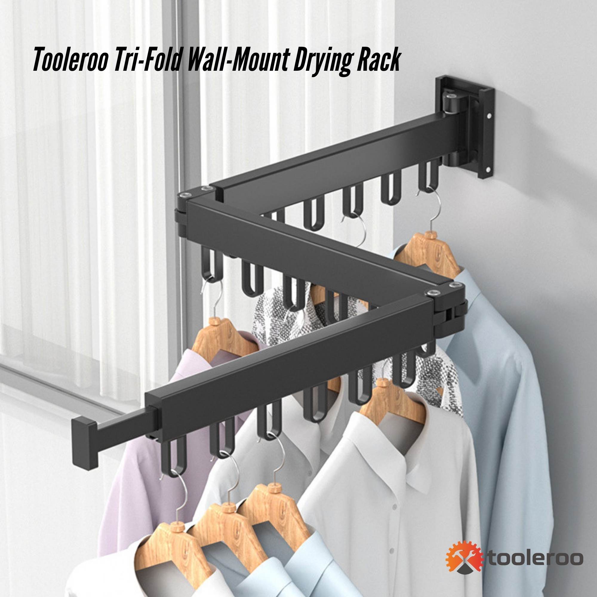 Tooleroo Clothes Drying Rack Tri-Fold Wall-Mount Laundry Hanger - Image 2