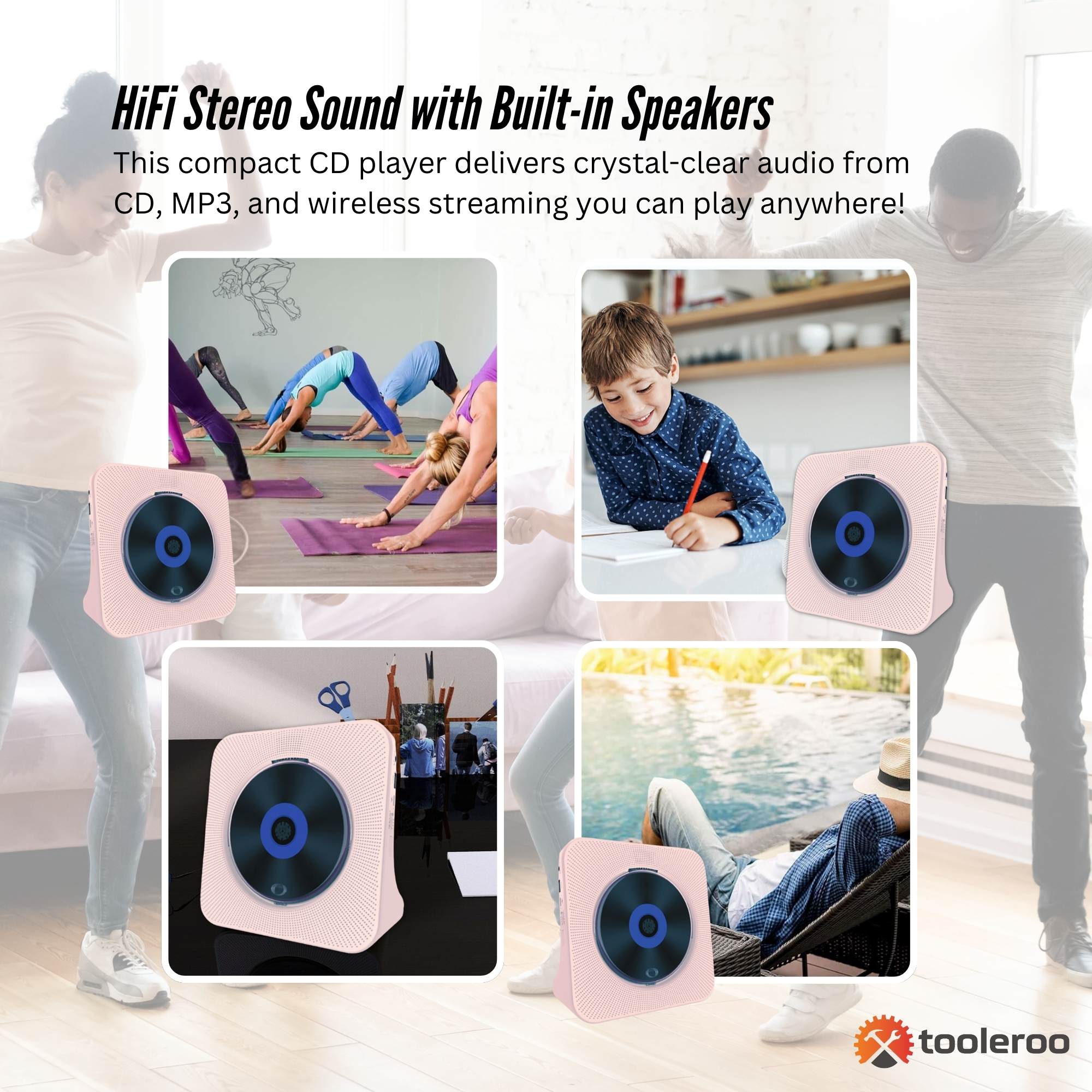 Tooleroo USB Rechargeable Desktop CD Player Speaker – Bluetooth Portable Pink - Image 3