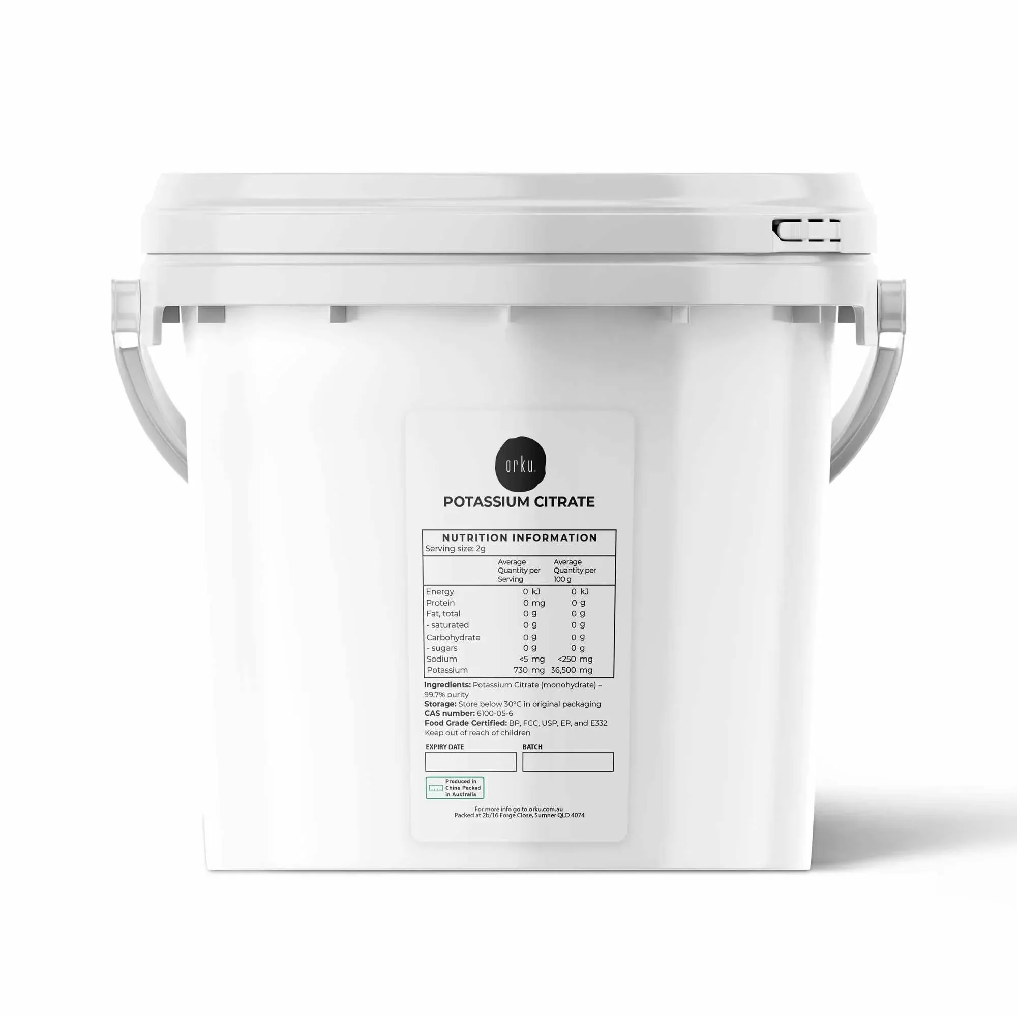 Orku 5Kg Potassium Citrate Food Grade Granular Tub BP USP FCC E332 Additive