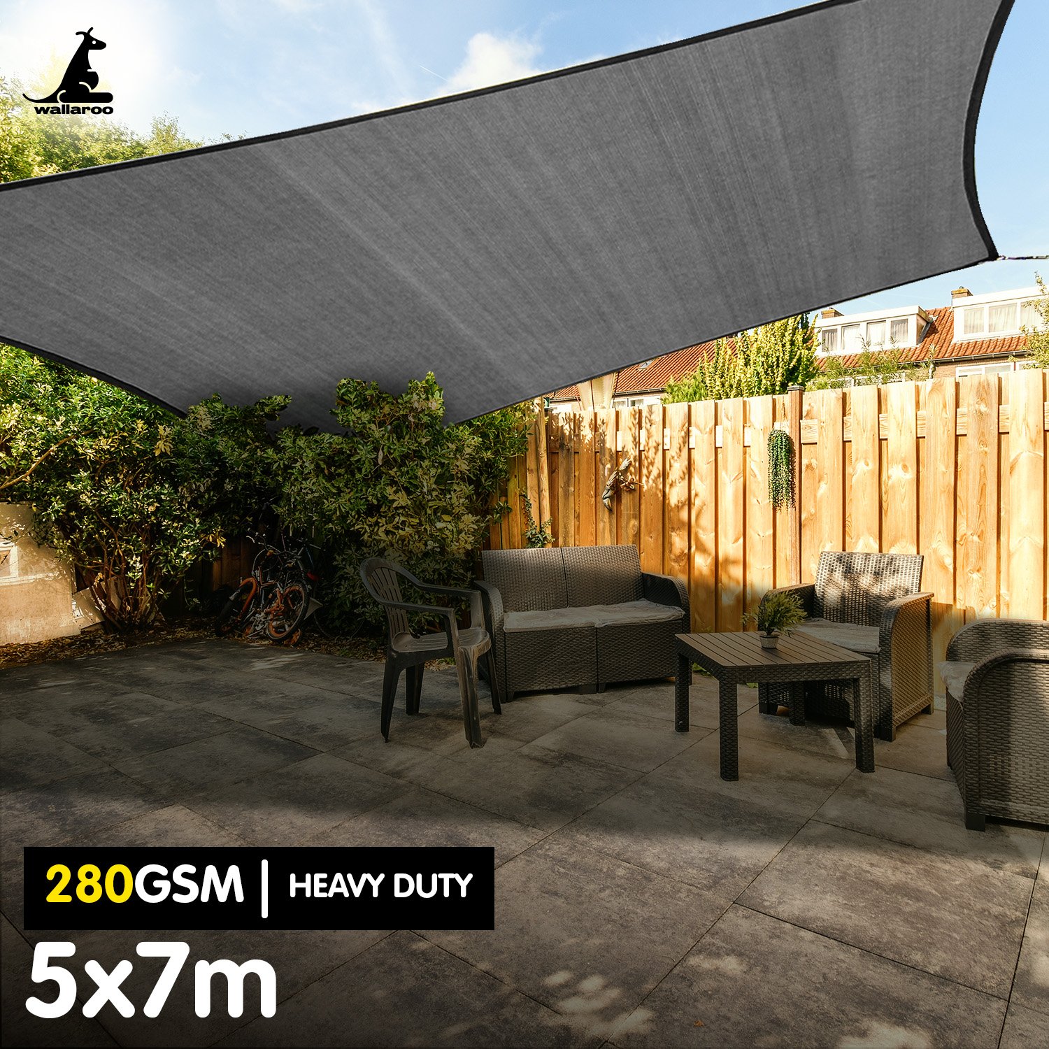 Wallaroo 280gsm Outdoor Sun Shade Sail Canopy 5m x 7m - Grey - Image 2