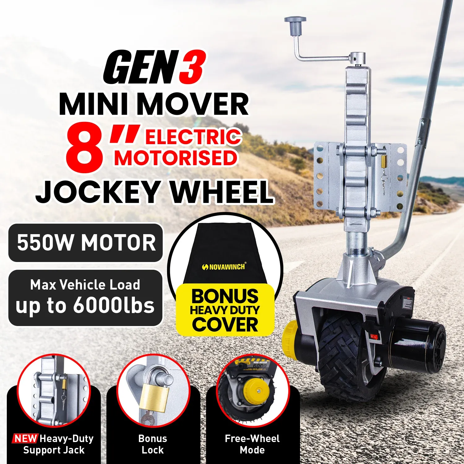 Novawinch Mini Mover Gen3 12V 550W Electric Motorised Jockey Wheel