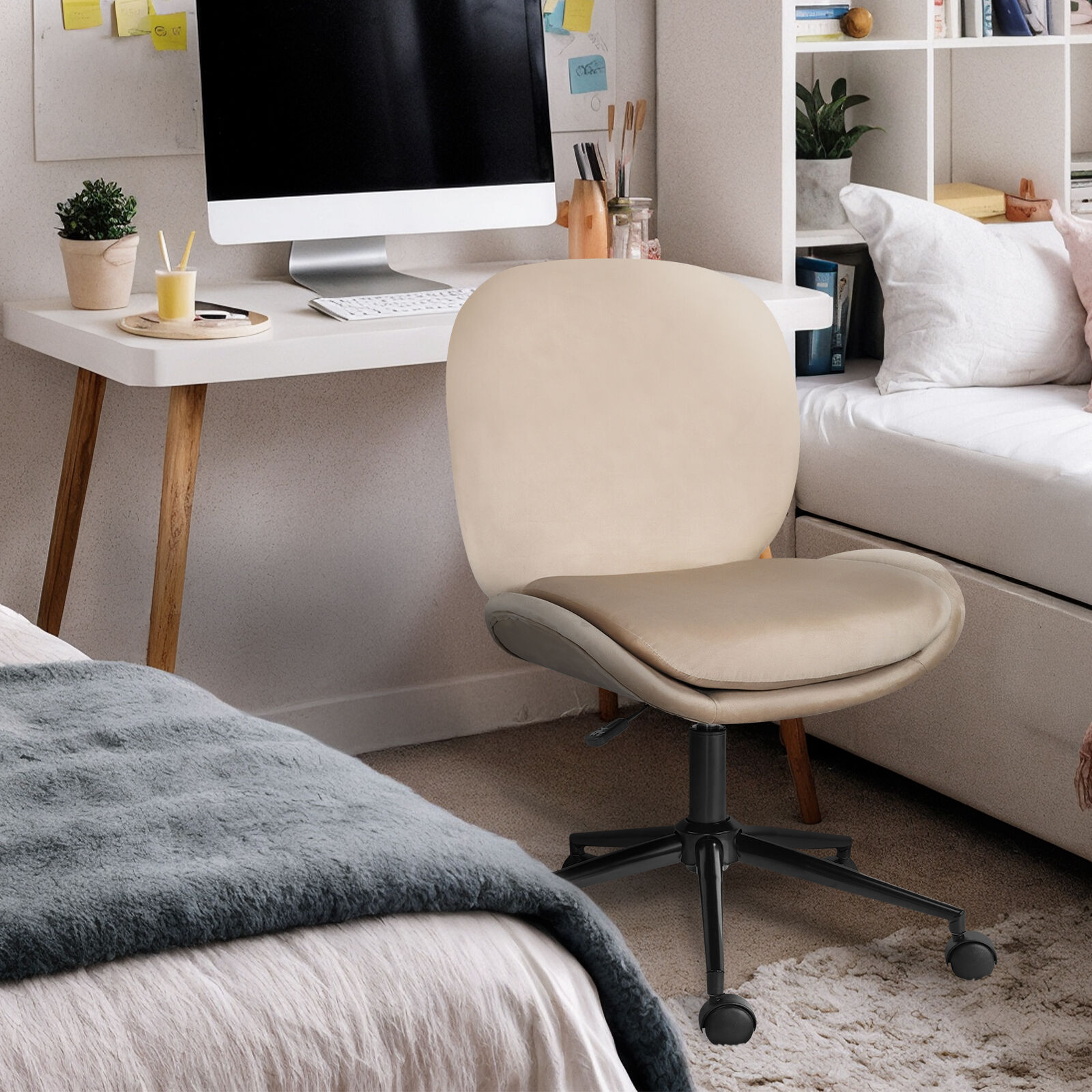 Office Desk Chair Velvet Armless Swivel Pale Khaki - Image 5