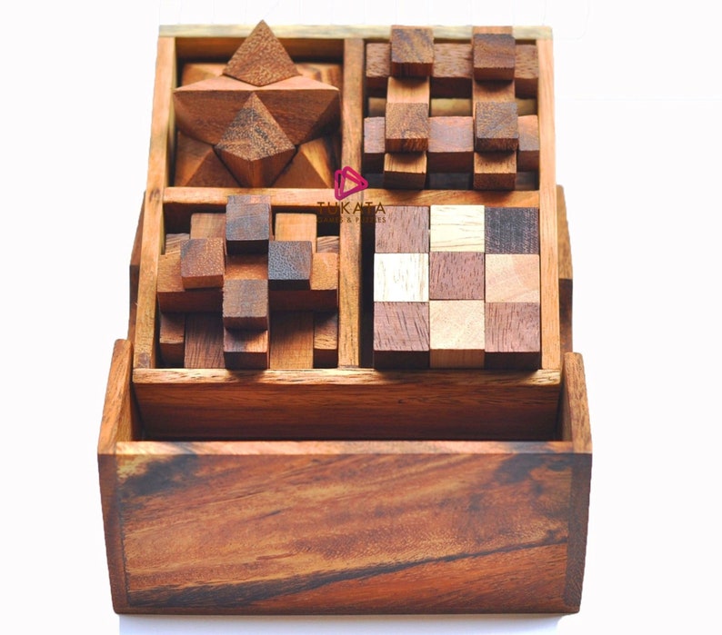 4 individual brainteaser wooden puzzles in a gift wooden box - Image 2