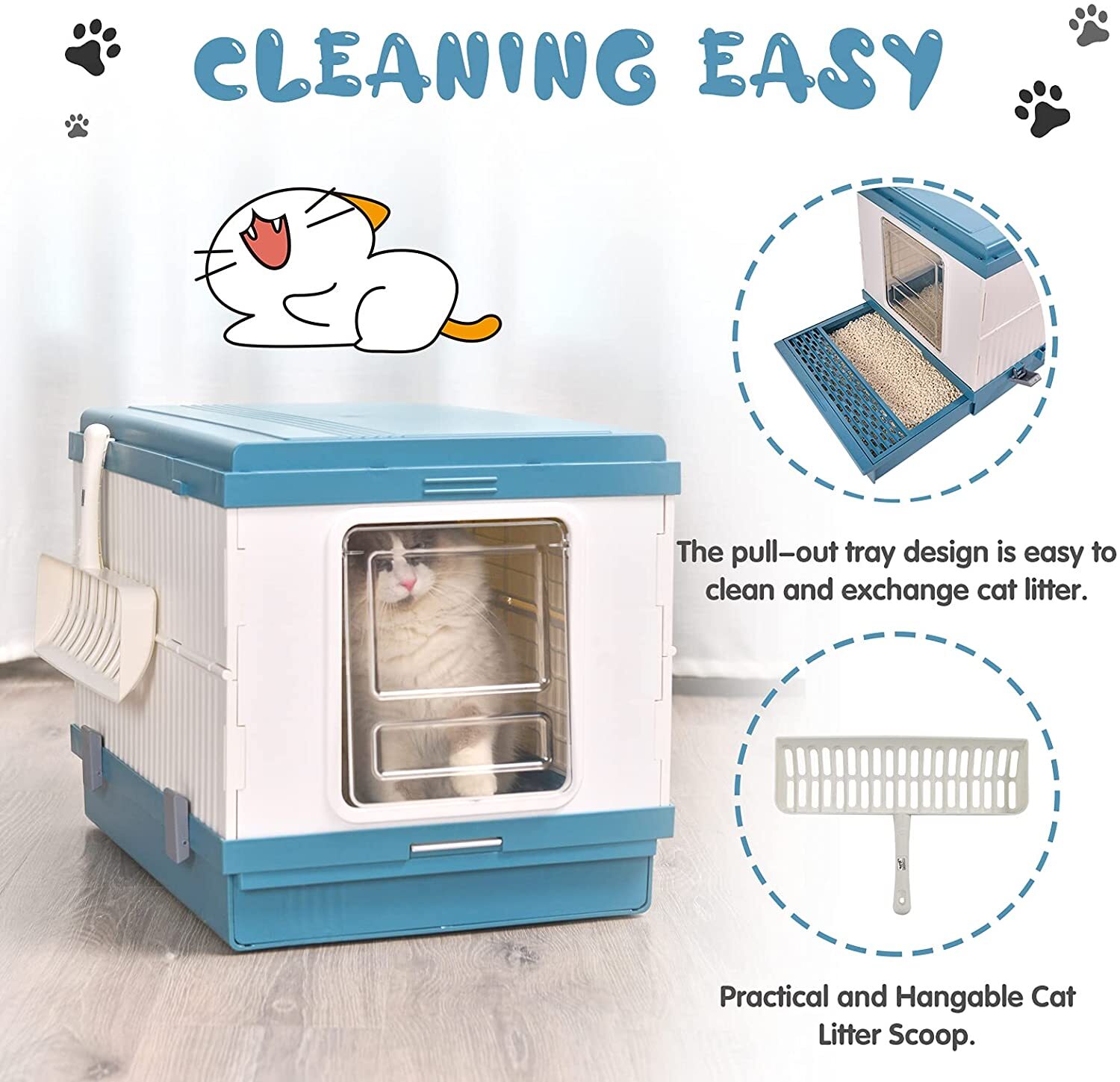 YES4PETS XL Blue Foldable Hooded Cat Litter Box House - Image 4