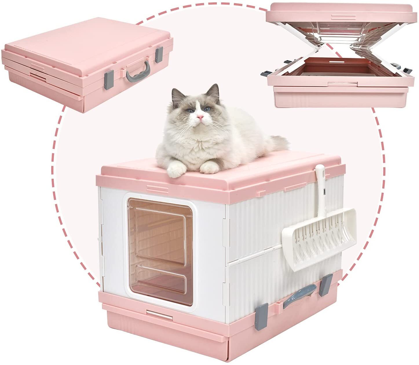 YES4PETS XL Pink Foldable Hooded Cat Litter Box House - Image 2