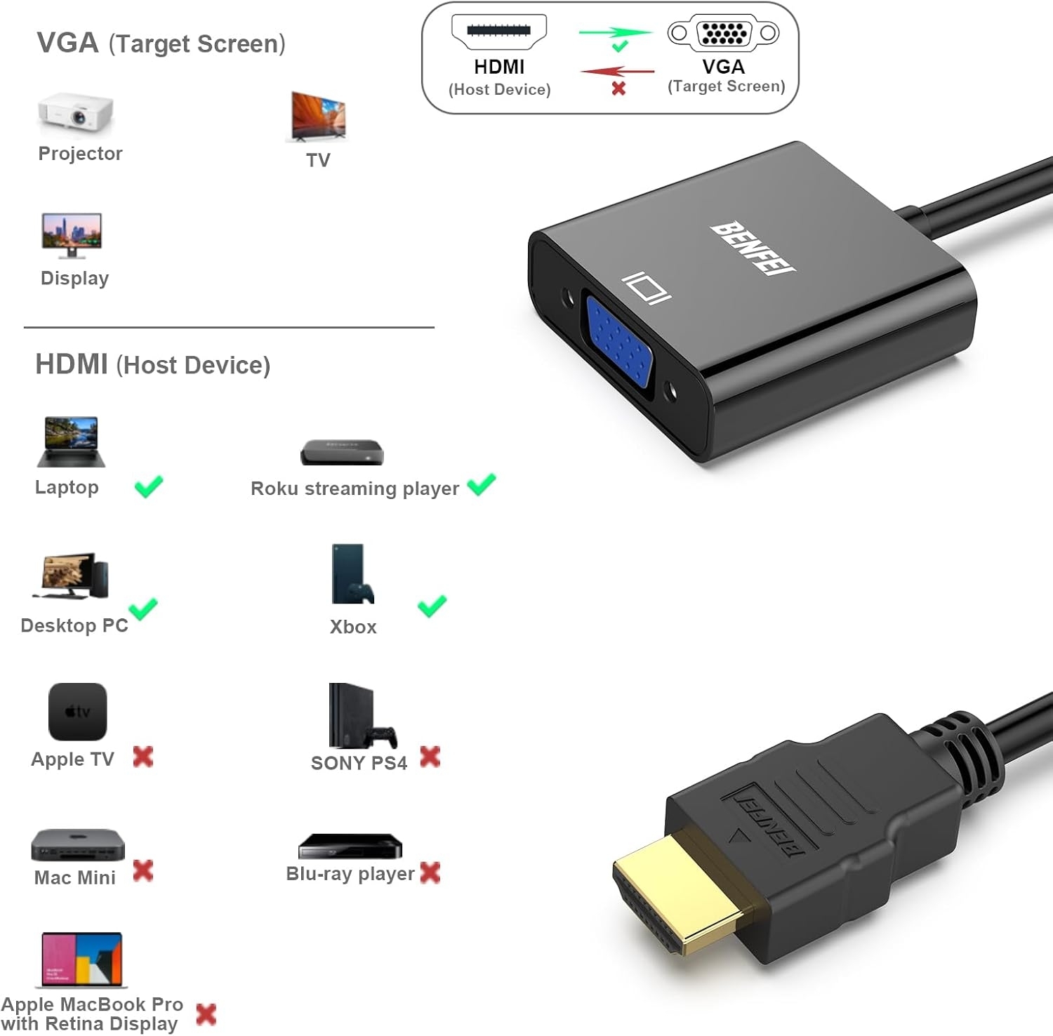 Benfei Gold-Plated HDMI to VGA Male to Female Adapter Converter - Image 2