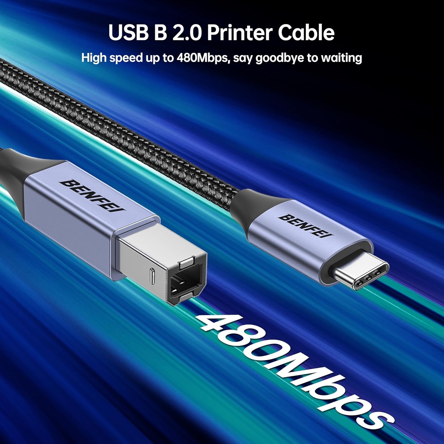 BENFEI USB B to USB C Printer Cable, Nylon Braided, Premium Aluminium Alloy Case - 1.5M - Image 3
