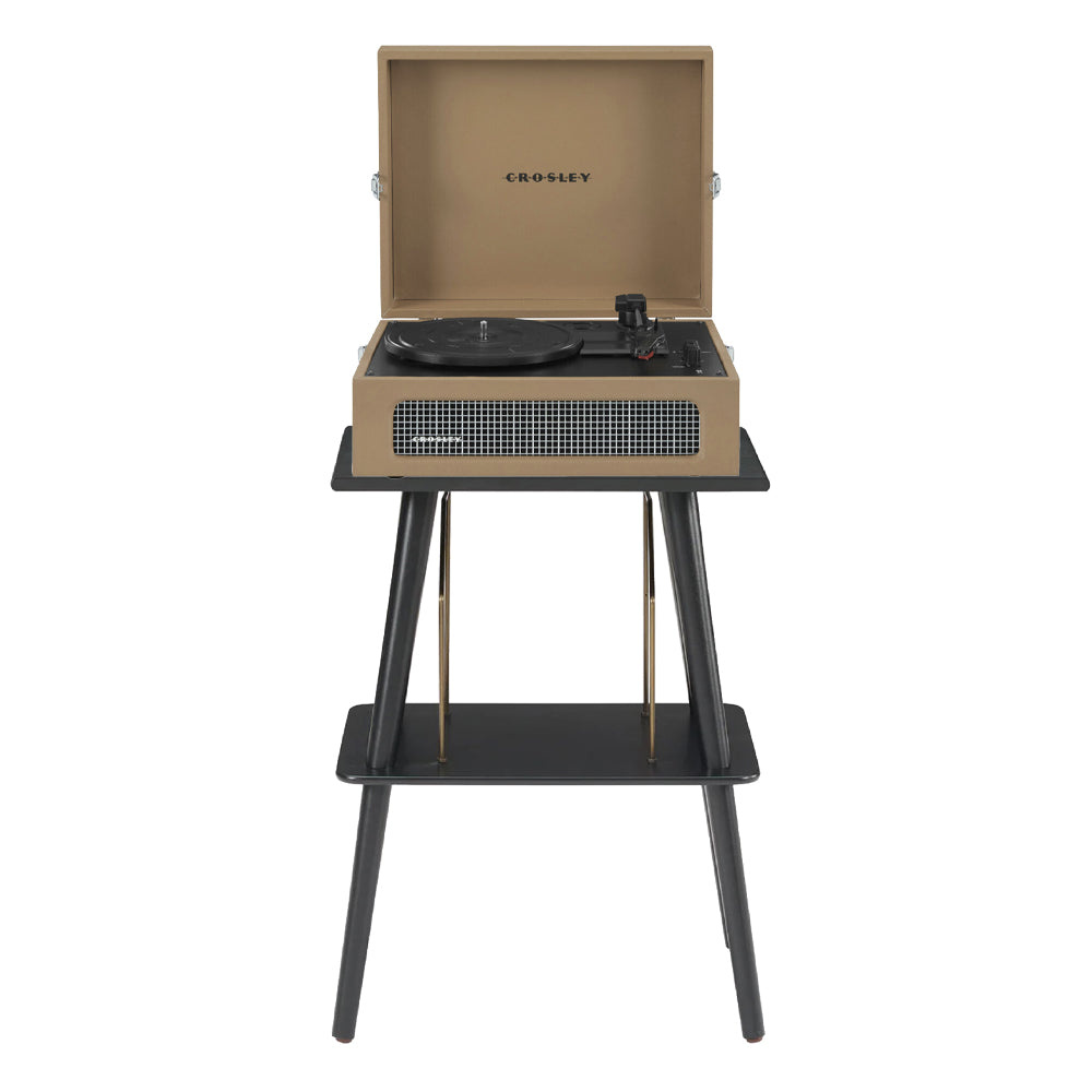 Crosley Voyager Tan + Entertainment Stand – Portable Turntable Bundle