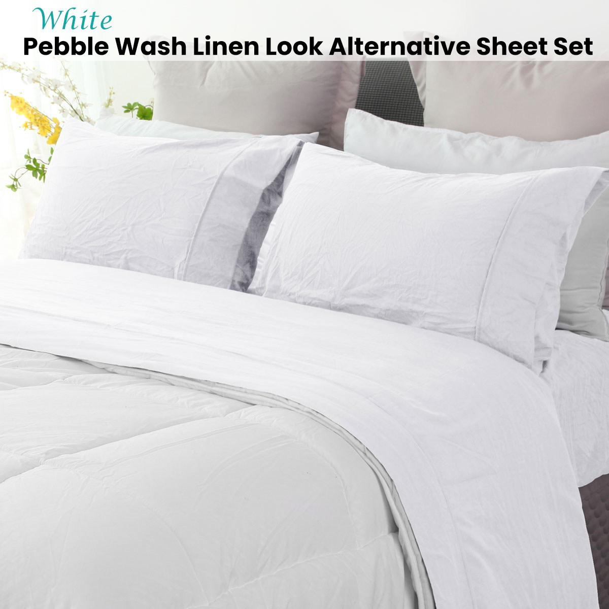 Ramesses White Pebble Wash Linen Look Alternative Sheet Set King Single - Image 2